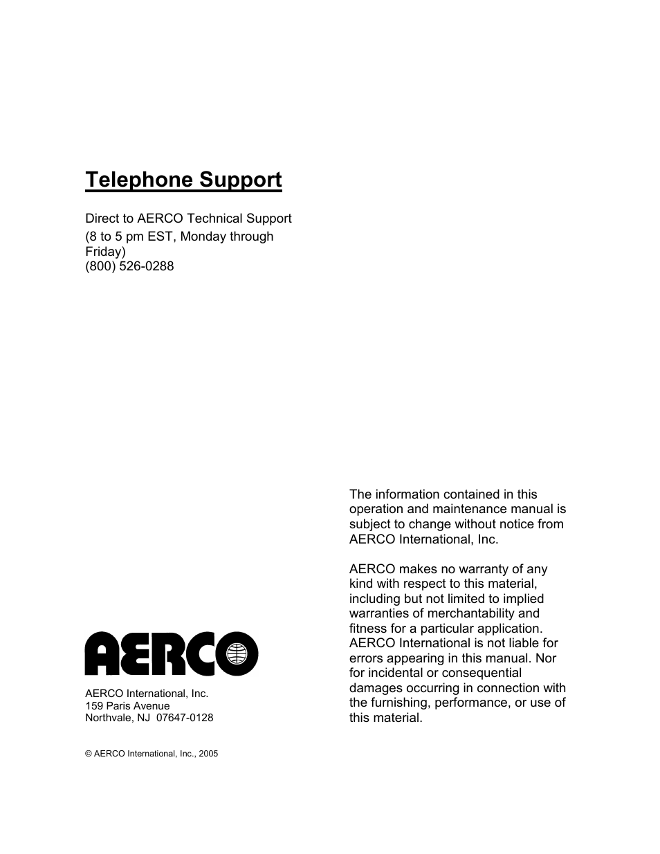 Telephone support, Direct to aerco technical support | AERCO KC1000 Boiler equipped with Mod-Box Controller User Manual | Page 2 / 82