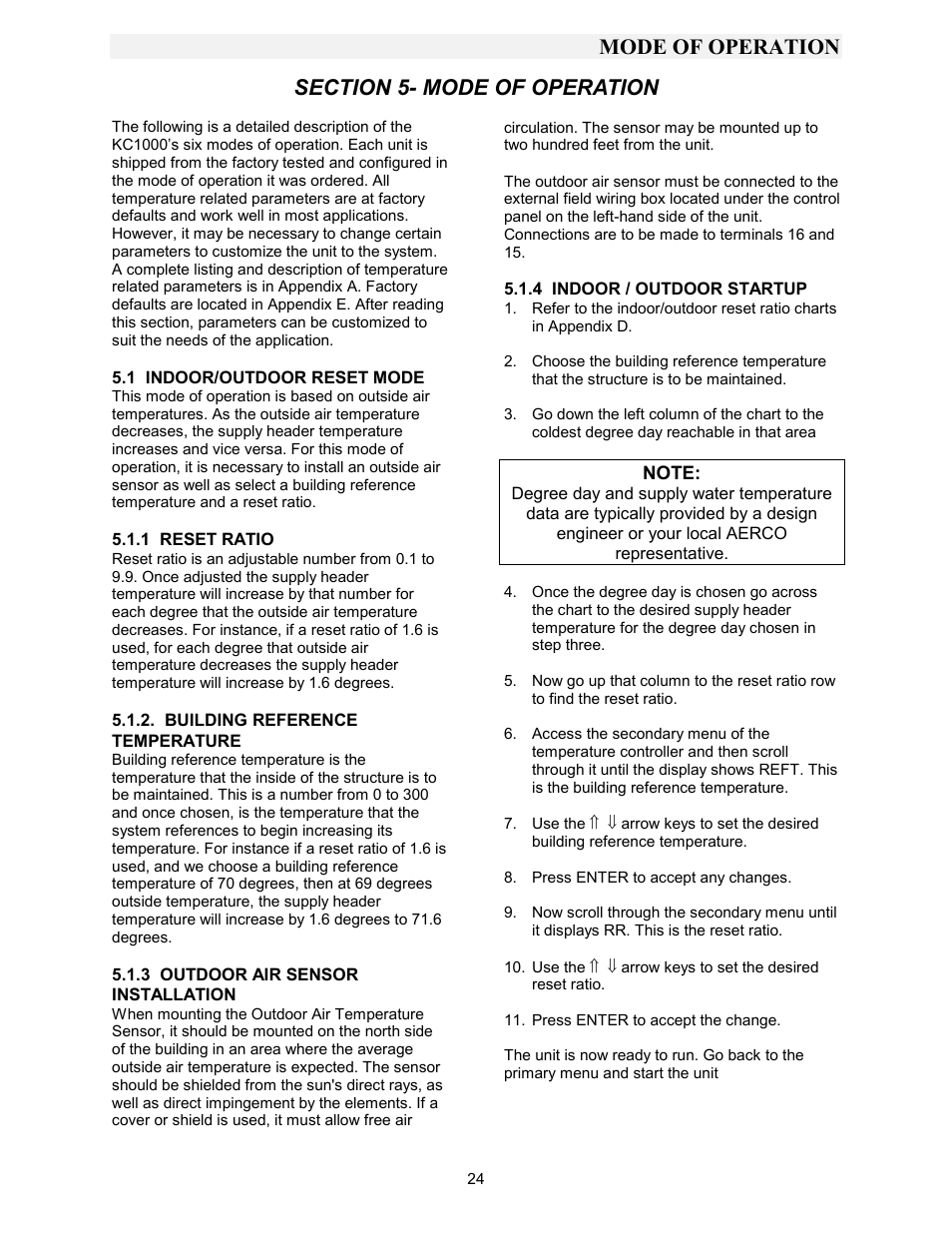 Section 5- mode of operation, 1 indoor/outdoor reset mode, 1 reset ratio | Building reference temperature, 3 outdoor air sensor installation, 4 indoor / outdoor startup, Mode of operation | AERCO KC1000 Boiler equipped with Mod-Box Controller User Manual | Page 29 / 82
