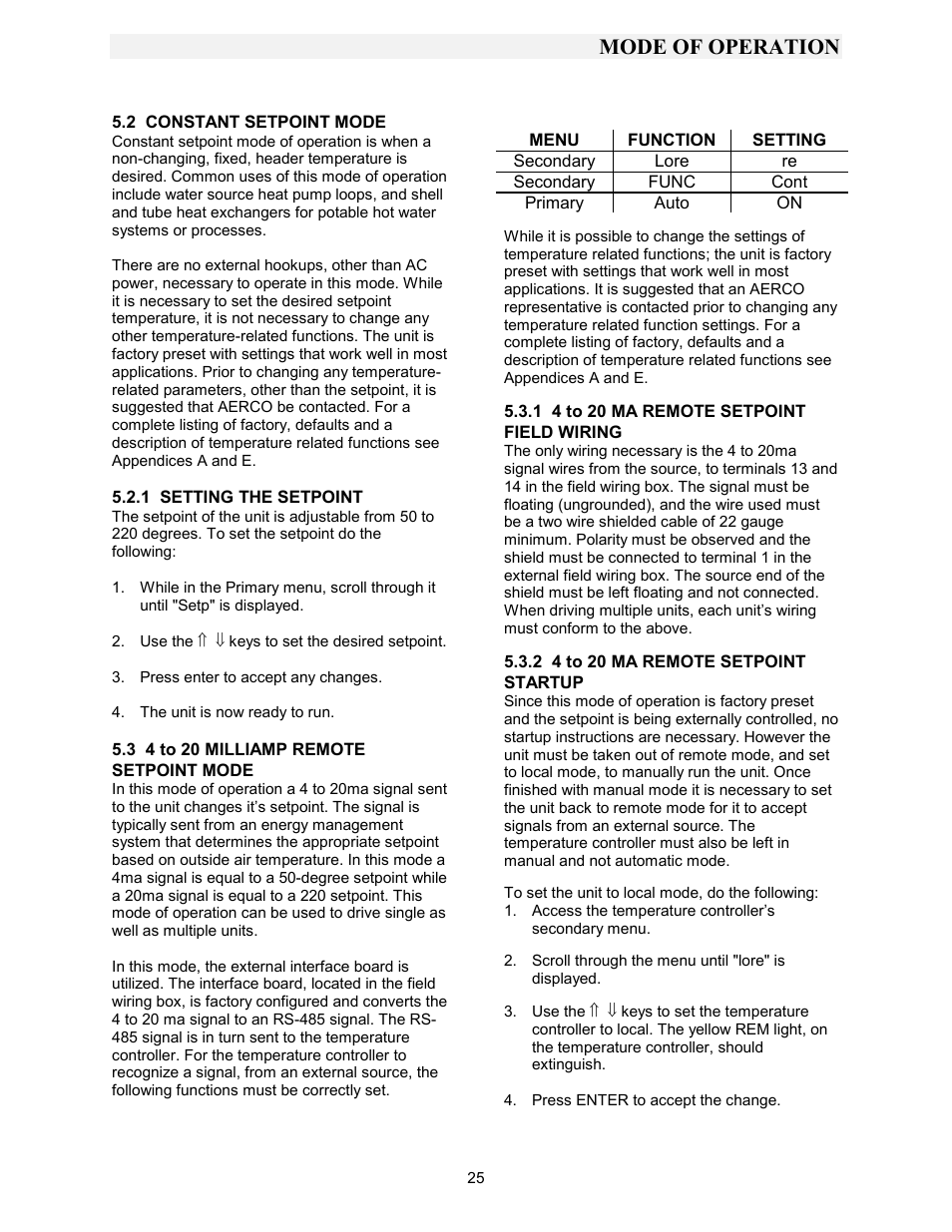 2 constant setpoint mode, 1 setting the setpoint, 3 4 to 20 milliamp remote setpoint mode | 1 4 to 20 ma remote setpoint field wiring, 2 4 to 20 ma remote setpoint startup, Mode of operation | AERCO KC1000 Boiler equipped with Mod-Box Controller User Manual | Page 30 / 82