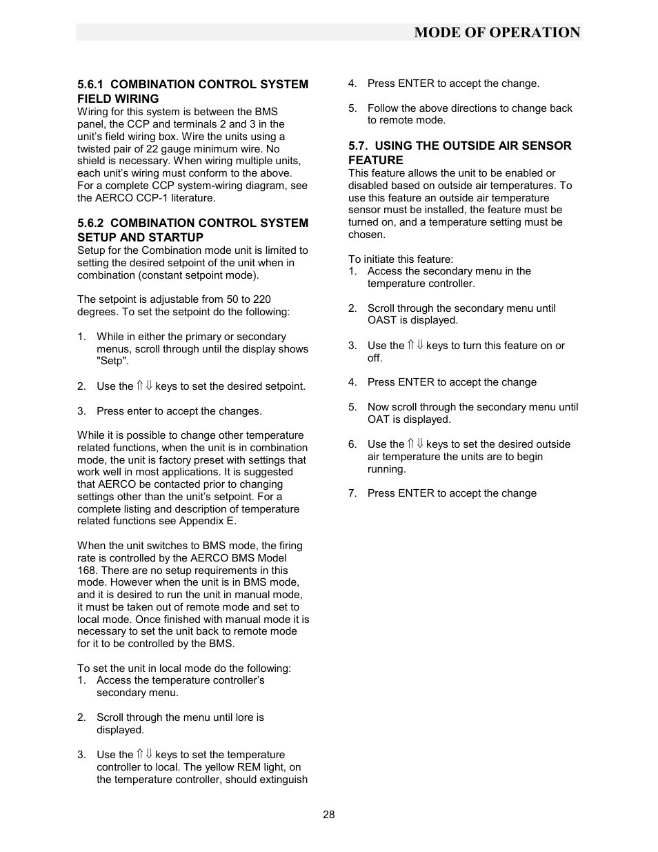 1 combination control system field wiring, 2 combination control system setup and startup, Using the outside air sensor feature | Mode of operation | AERCO KC1000 Boiler equipped with Mod-Box Controller User Manual | Page 33 / 82