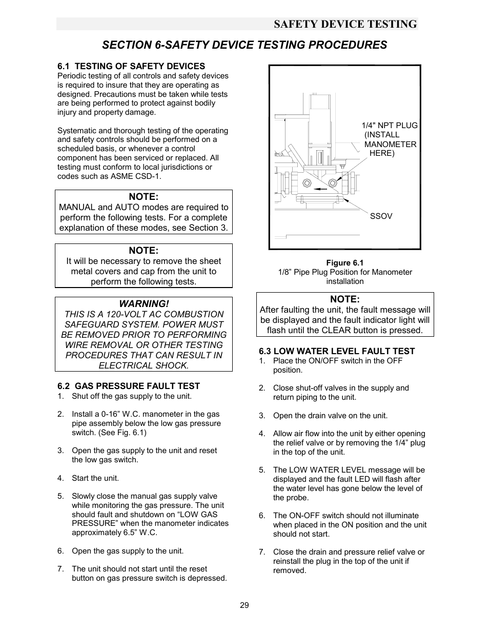 Section 6-safety device testing procedures, Figure 6.1, 1/8” pipe plug position for manometer installation | Safety device testing | AERCO KC1000 Boiler equipped with Mod-Box Controller User Manual | Page 34 / 82