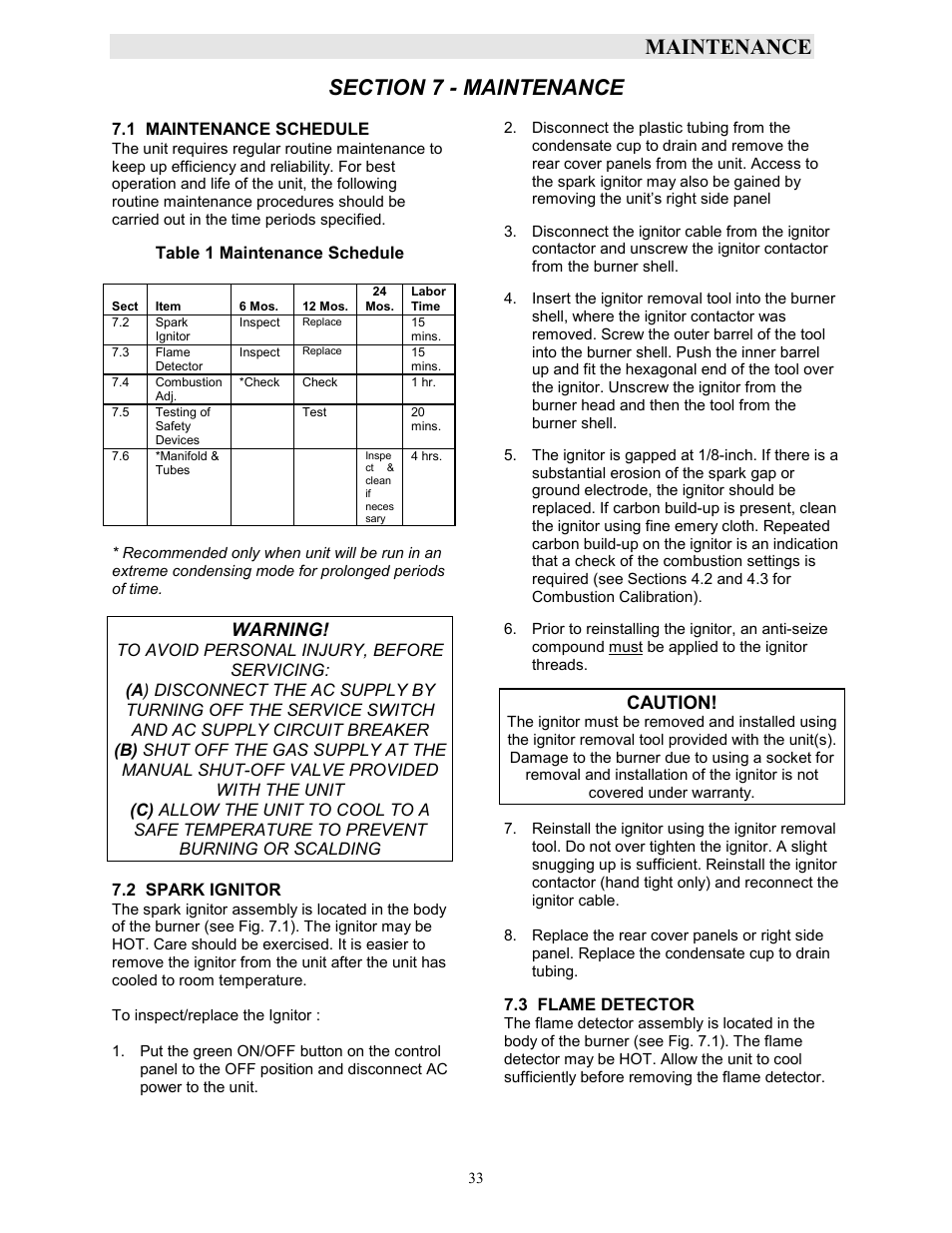 Maintenance, Warning, Caution | AERCO KC1000 Boiler equipped with Mod-Box Controller User Manual | Page 38 / 82