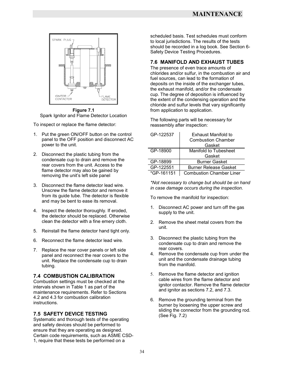 Figure 7.1, Spark ignitor and flame detector location, Maintenance | AERCO KC1000 Boiler equipped with Mod-Box Controller User Manual | Page 39 / 82