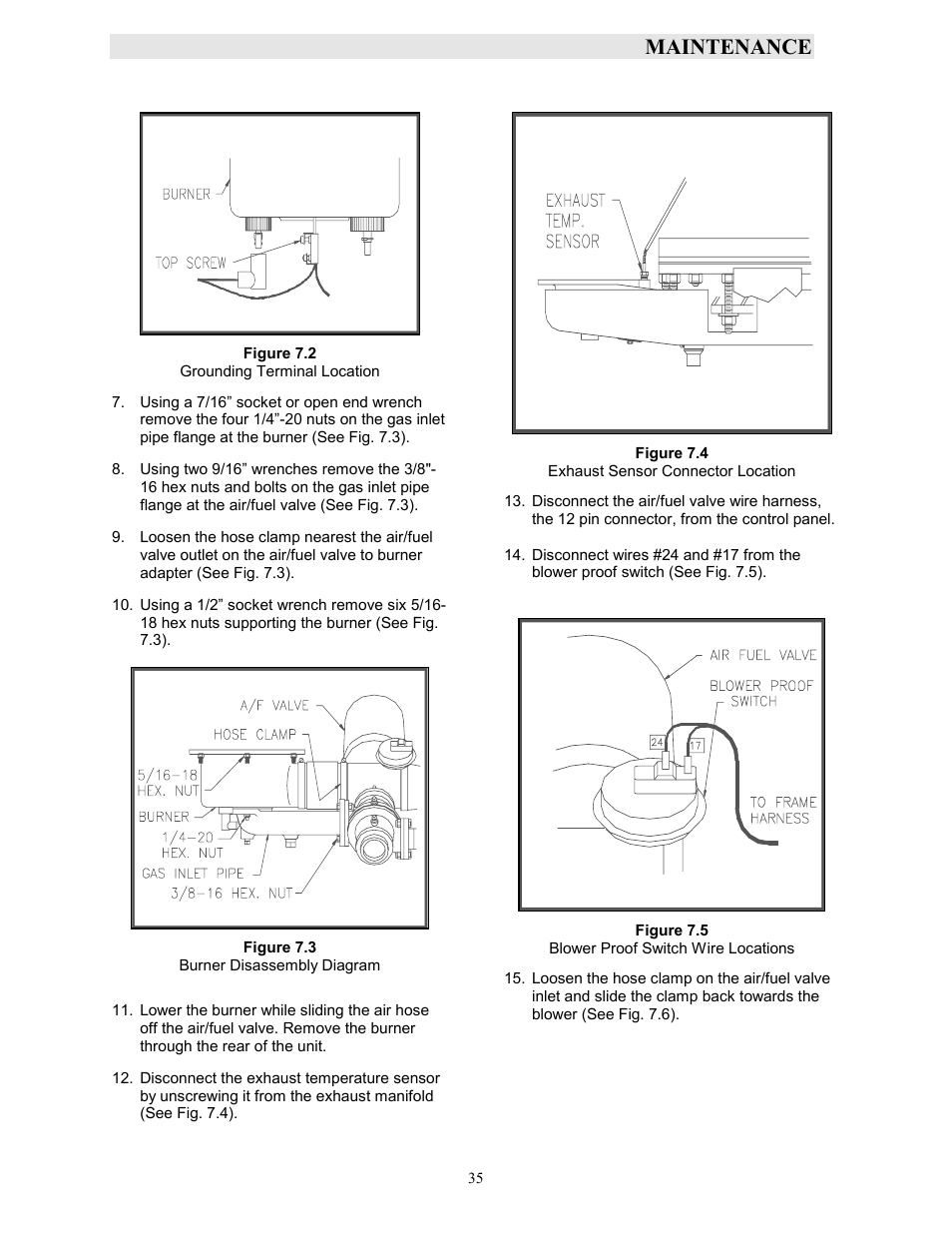 Figure 7.2, Grounding terminal location, Figure 7.3 | Burner disassembly diagram, Figure 7.4, Exhaust sensor connector location, Figure 7.5, Blower proof switch wire locations, Maintenance | AERCO KC1000 Boiler equipped with Mod-Box Controller User Manual | Page 40 / 82