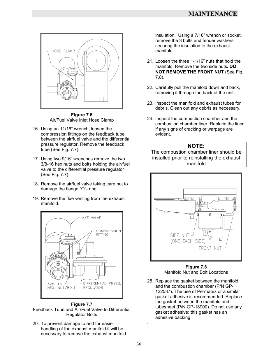 Figure 7.6, Air/fuel valve inlet hose clamp, Figure 7.7 | Figure 7.8, Manifold nut and bolt locations, Maintenance | AERCO KC1000 Boiler equipped with Mod-Box Controller User Manual | Page 41 / 82