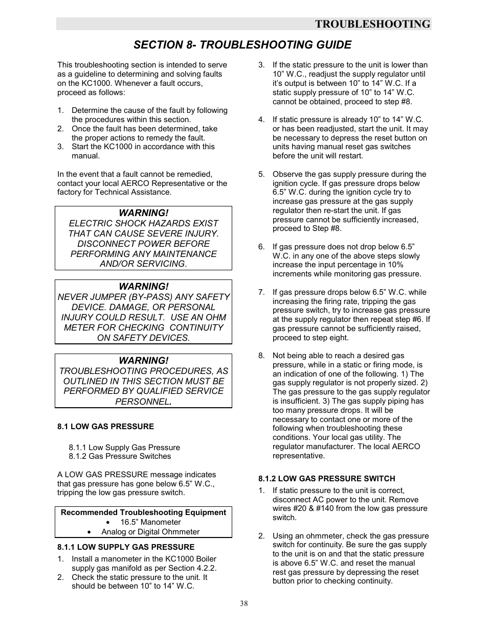 1 low gas pressure, 1 low supply gas pressure, 2 gas pressure switches | 2 low gas pressure switch, Troubleshooting | AERCO KC1000 Boiler equipped with Mod-Box Controller User Manual | Page 43 / 82