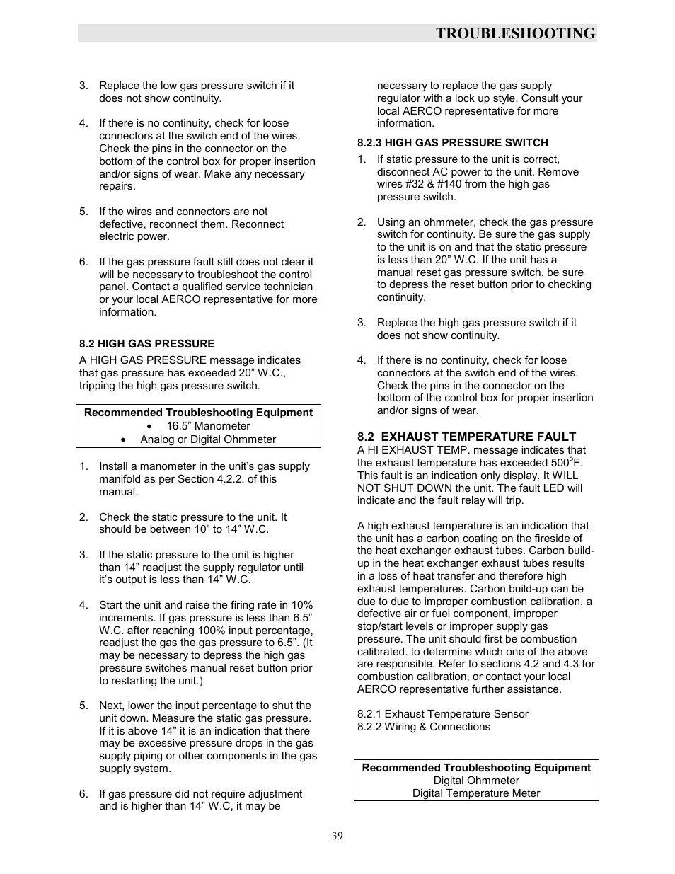 2 high gas pressure, 3 high gas pressure switch, Troubleshooting | AERCO KC1000 Boiler equipped with Mod-Box Controller User Manual | Page 44 / 82
