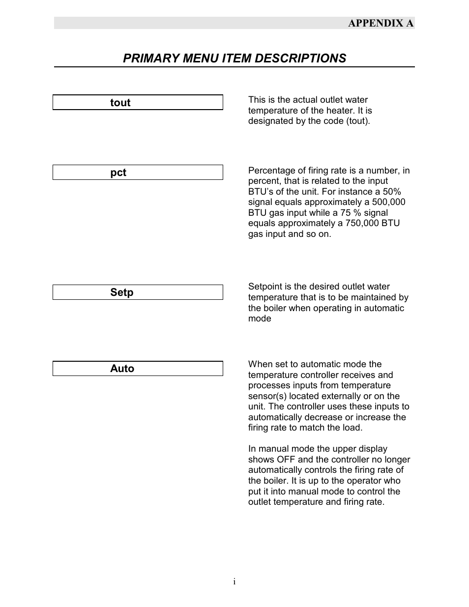 Primary menu item descriptions | AERCO KC1000 Boiler equipped with Mod-Box Controller User Manual | Page 57 / 82