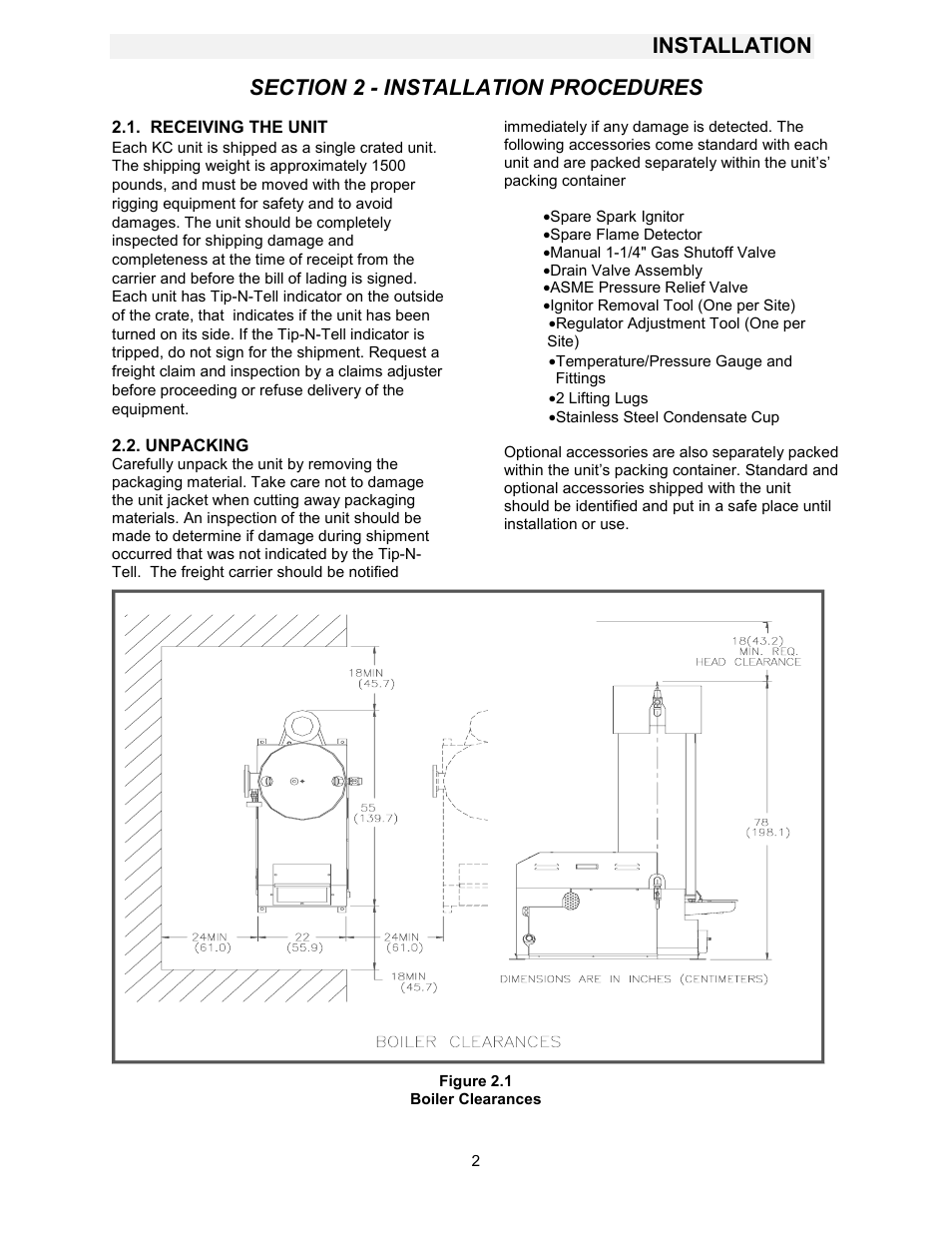 Boiler clearances, Installation | AERCO KC1000 Boiler equipped with Mod-Box Controller User Manual | Page 7 / 82