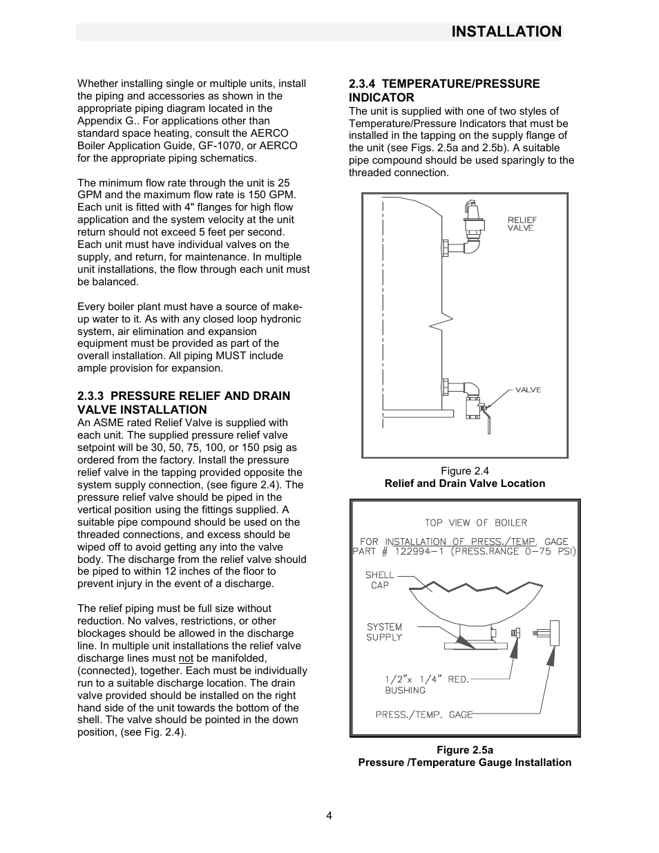 Supply and return location, Relief and drain valve location, Installation | AERCO KC1000 Boiler equipped with Mod-Box Controller User Manual | Page 9 / 82