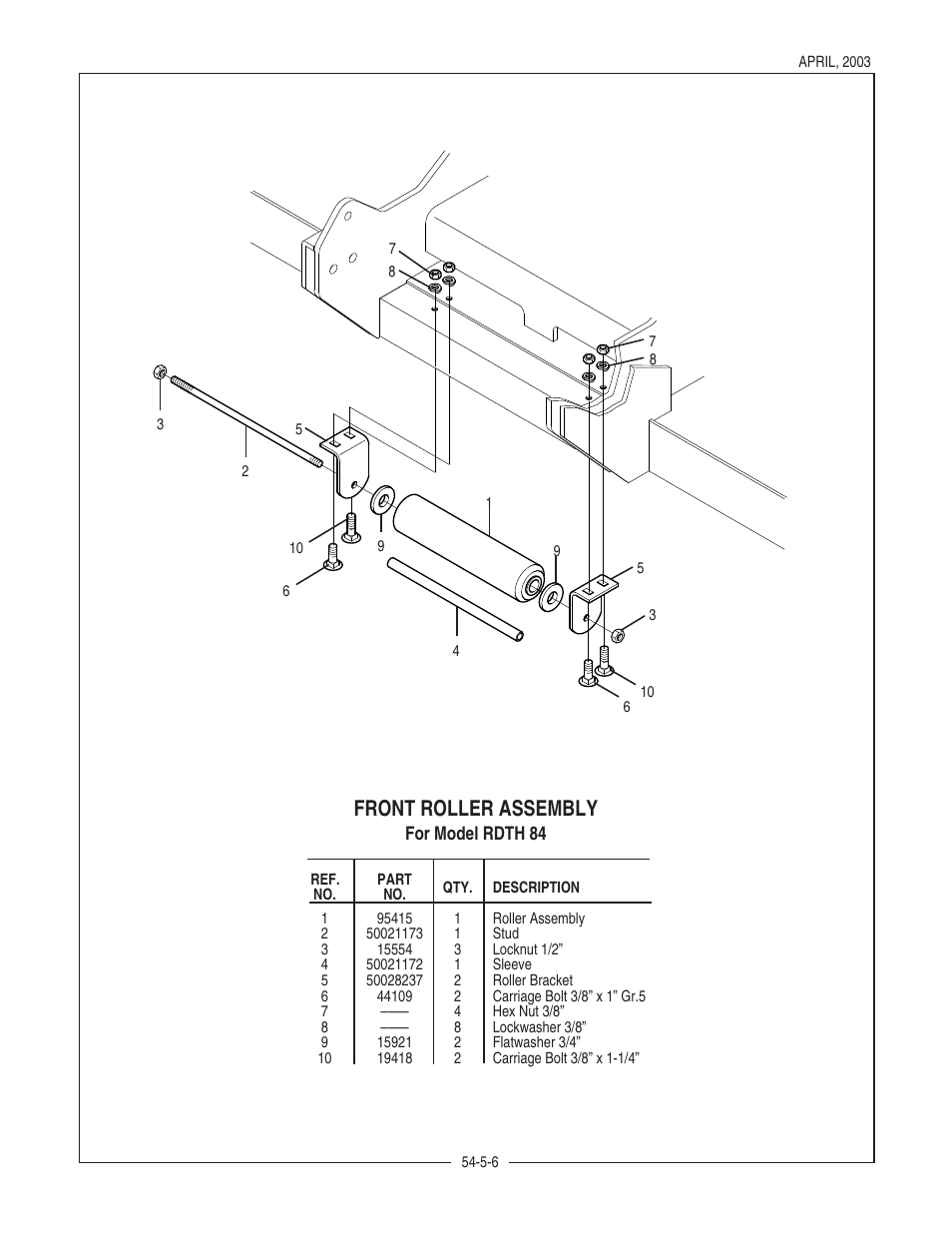Front roller assembly | Bush Hog RDTH SERIES RDTH 72 User Manual | Page 26 / 28