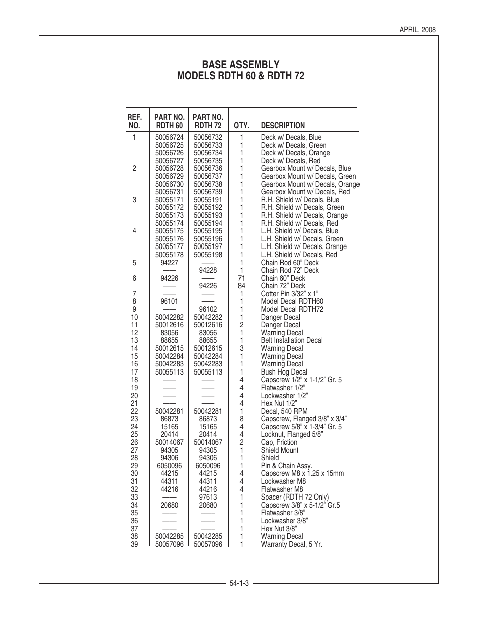 Base assembly models rdth 60 & rdth 72 | Bush Hog RDTH SERIES RDTH 72 User Manual | Page 5 / 28