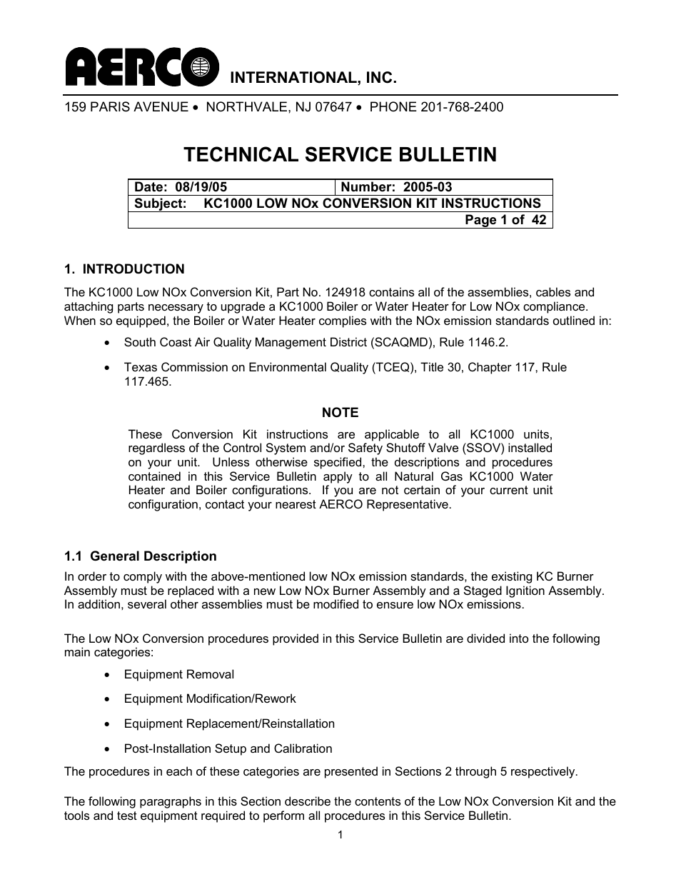 AERCO KC Standard to Low NOx Convertion Instructions User Manual | 43 pages