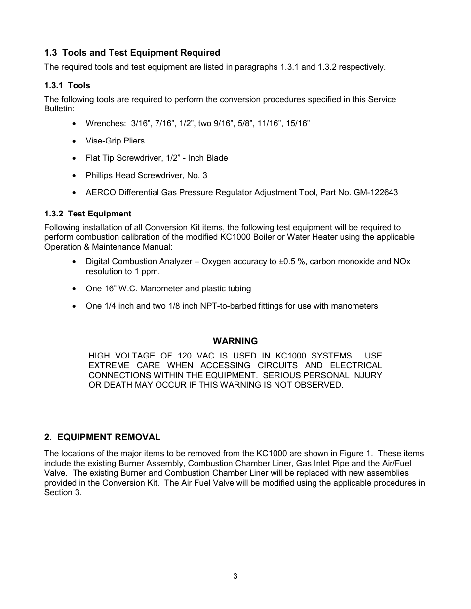Tools and test equipment required, Tools, Test equipment | Equipment removal | AERCO KC Standard to Low NOx Convertion Instructions User Manual | Page 3 / 43