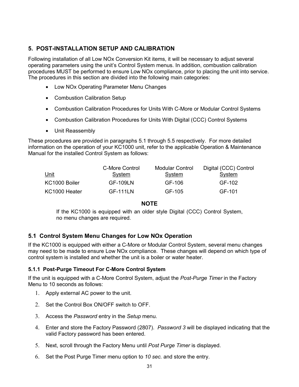 Post-installation setup and calibration, Control system menu changes for low nox operation, Post-purge timeout for c-more control system | AERCO KC Standard to Low NOx Convertion Instructions User Manual | Page 31 / 43