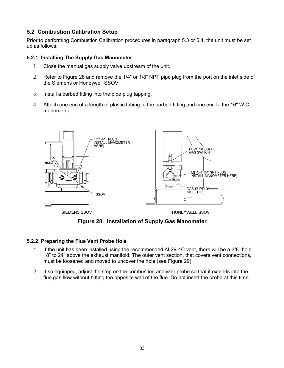 Combustion calibration setup, Installing the supply gas manometer, Preparing the flue vent probe hole | AERCO KC Standard to Low NOx Convertion Instructions User Manual | Page 33 / 43