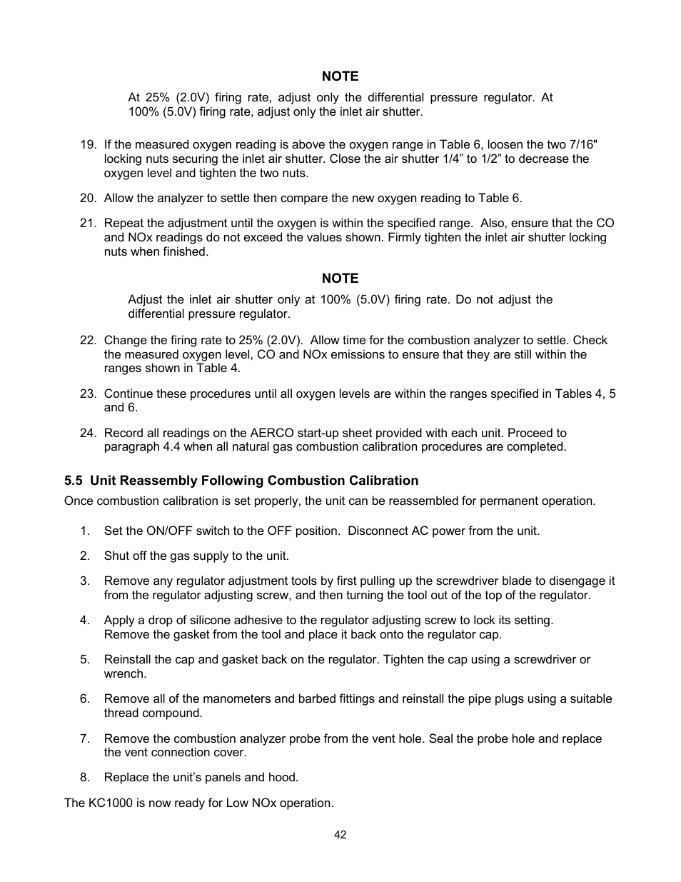 Unit reassembly following combustion calibration | AERCO KC Standard to Low NOx Convertion Instructions User Manual | Page 42 / 43