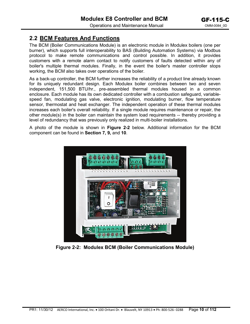 2 bcm features and functions, Gf-115-c, Modulex e8 controller and bcm | AERCO Modulex E8 Controls Guide User Manual | Page 10 / 112