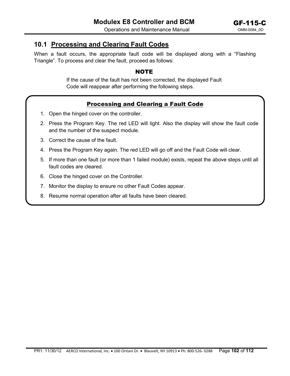 1 processing and clearing fault codes, Gf-115-c, Modulex e8 controller and bcm | AERCO Modulex E8 Controls Guide User Manual | Page 102 / 112