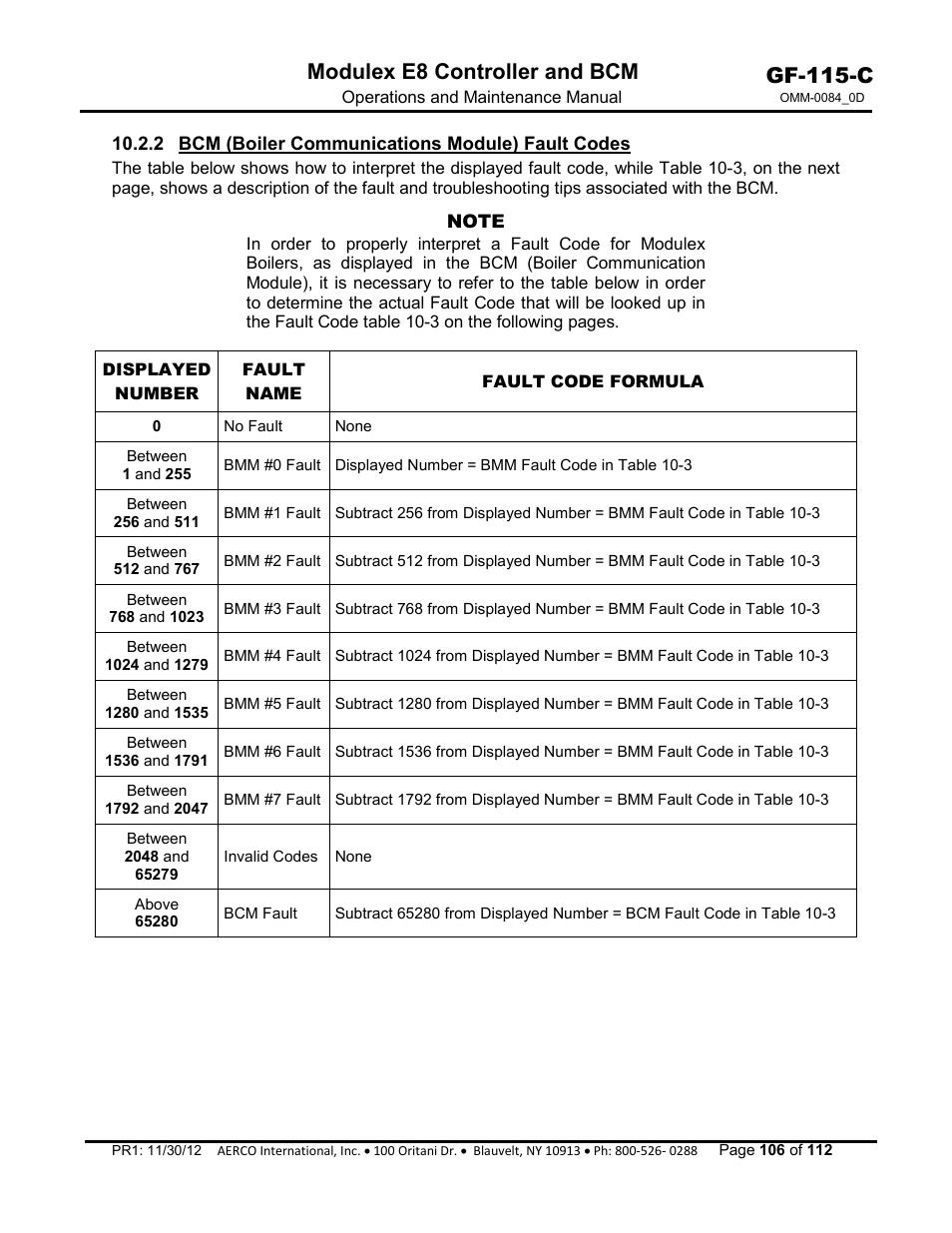 2 bcm (boiler communications module) fault codes, Gf-115-c, Modulex e8 controller and bcm | AERCO Modulex E8 Controls Guide User Manual | Page 106 / 112