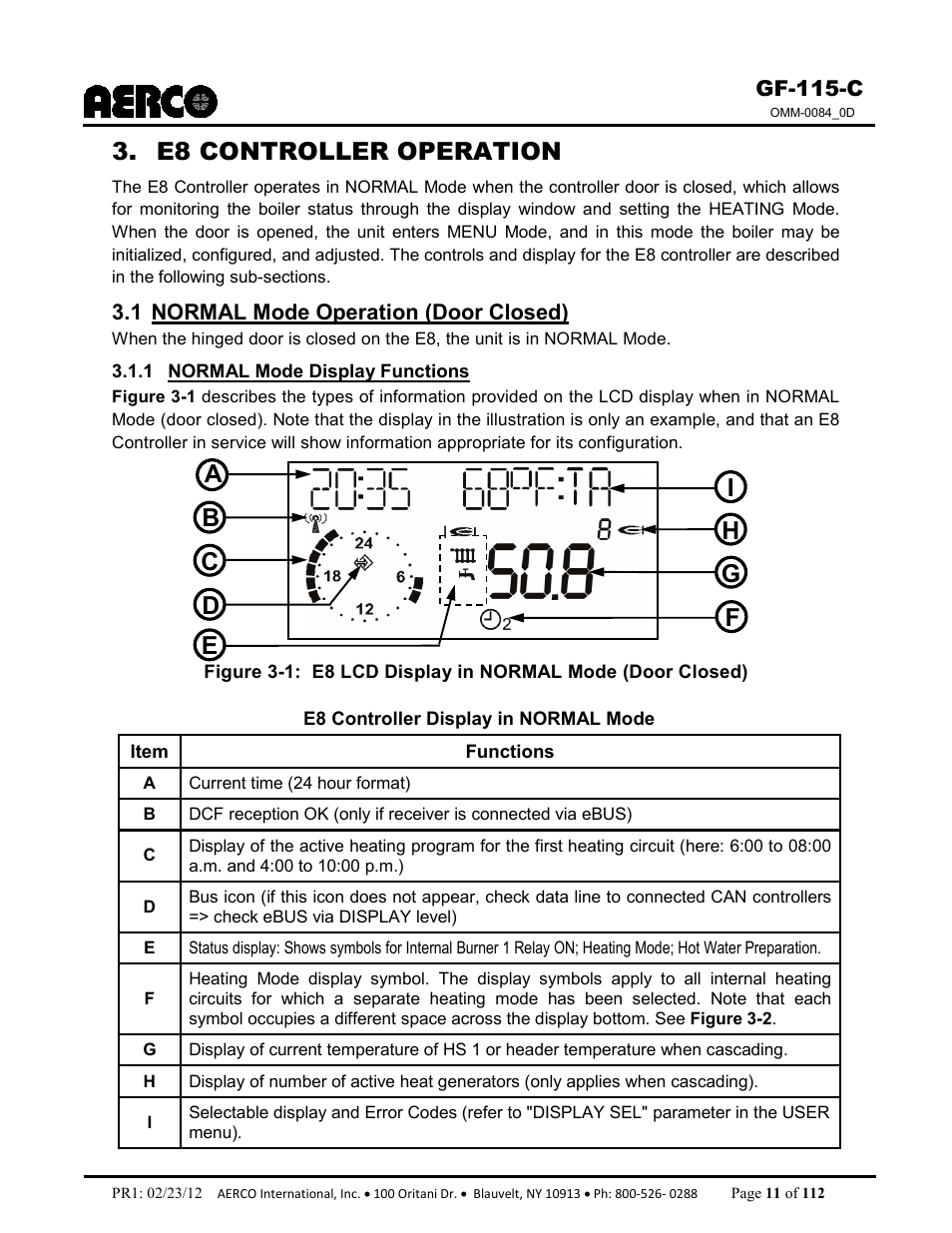E8 controller operation, 1 normal mode operation (door closed), 1 normal mode display functions | AERCO Modulex E8 Controls Guide User Manual | Page 11 / 112