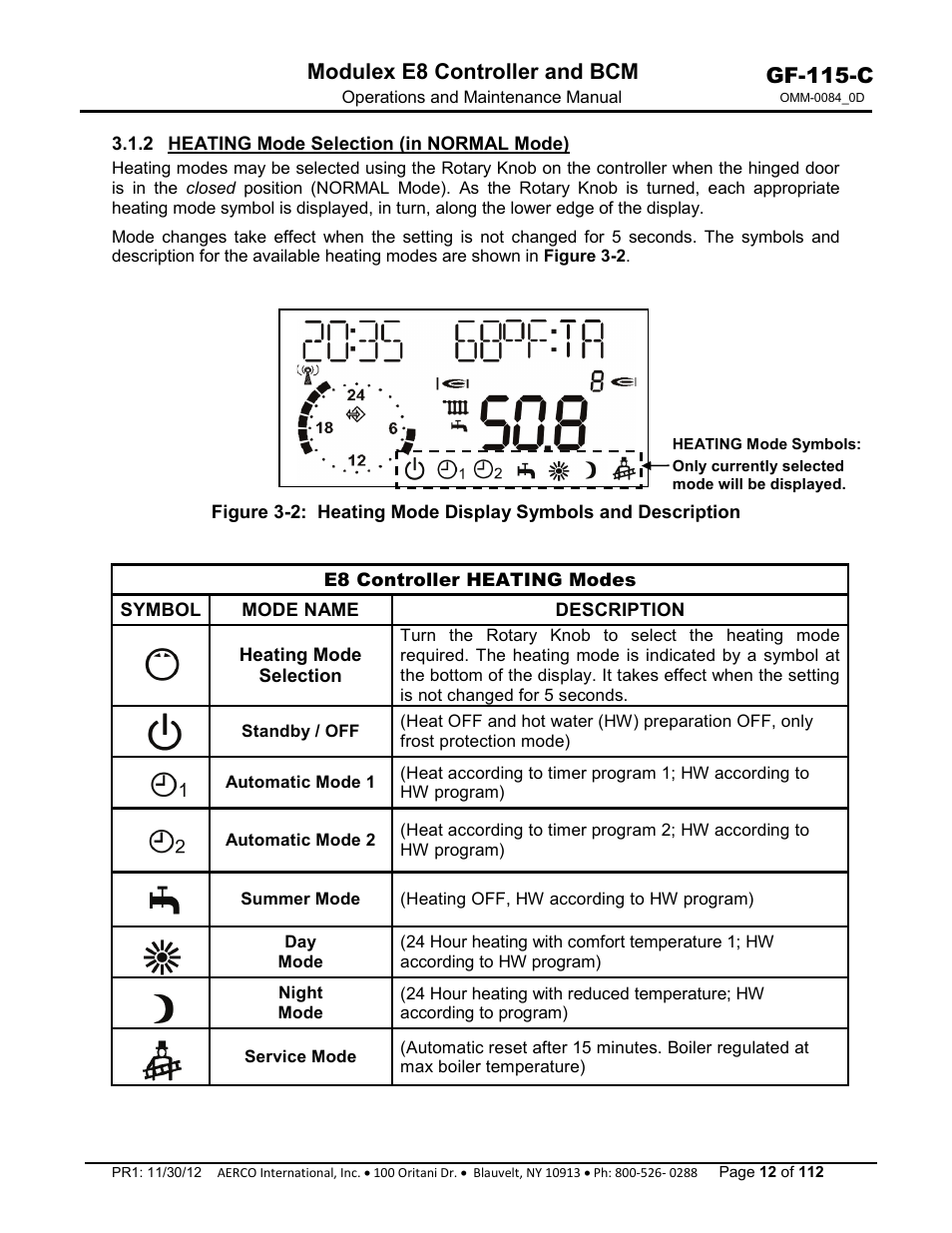 2 heating mode selection (in normal mode), Gf-115-c, Modulex e8 controller and bcm | AERCO Modulex E8 Controls Guide User Manual | Page 12 / 112