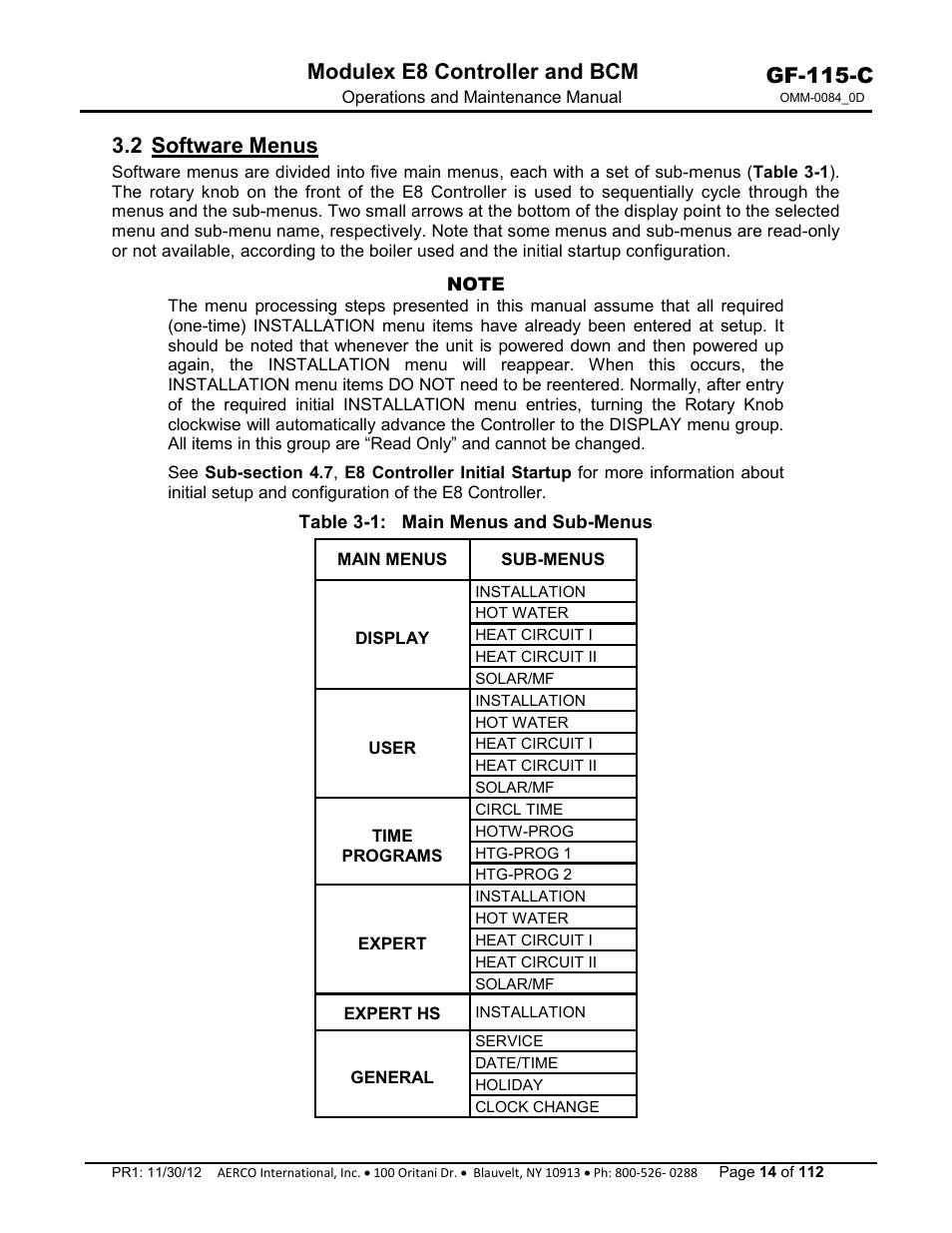 2 software menus, Gf-115-c, Modulex e8 controller and bcm | AERCO Modulex E8 Controls Guide User Manual | Page 14 / 112