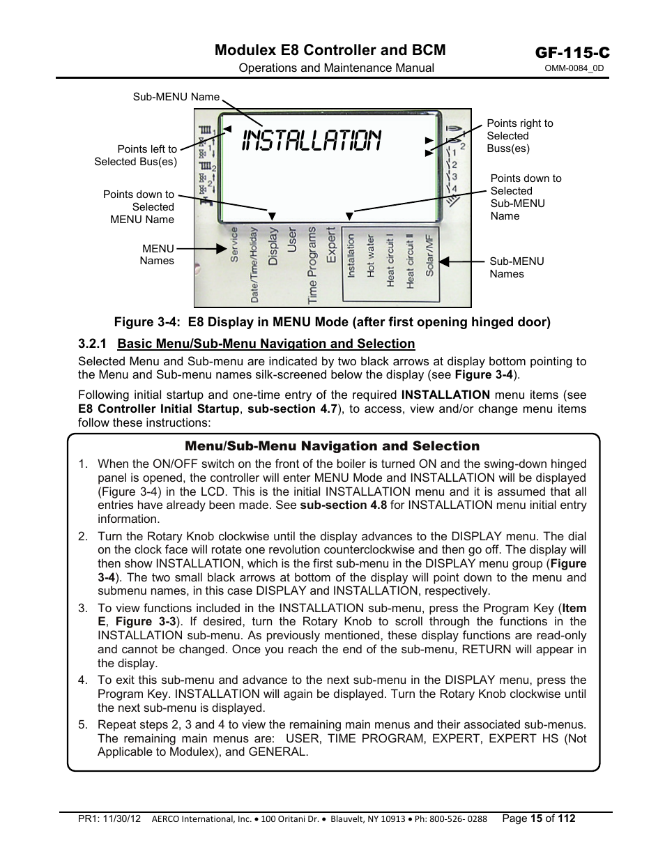 1 basic menu/sub-menu navigation and selection, Installation, Gf-115-c | Modulex e8 controller and bcm | AERCO Modulex E8 Controls Guide User Manual | Page 15 / 112