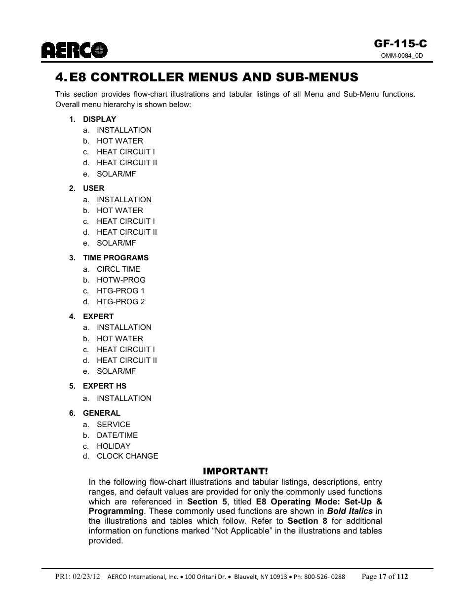 E8 controller menus and sub-menus, Gf-115-c | AERCO Modulex E8 Controls Guide User Manual | Page 17 / 112