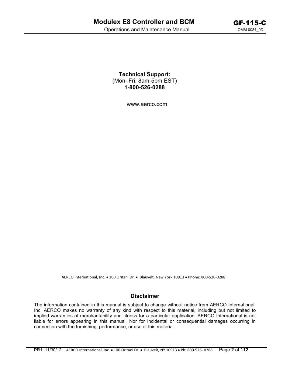 Gf-115-c, Modulex e8 controller and bcm, Disclaimer | AERCO Modulex E8 Controls Guide User Manual | Page 2 / 112