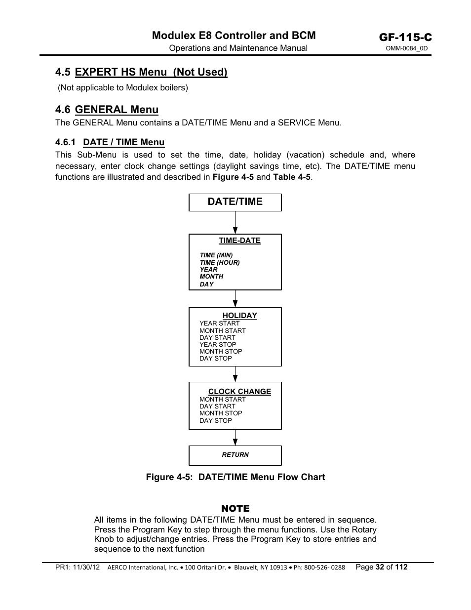 5 expert hs menu (not used), 6 general menu, 1 date / time menu | Gf-115-c, Modulex e8 controller and bcm, Date/time | AERCO Modulex E8 Controls Guide User Manual | Page 32 / 112