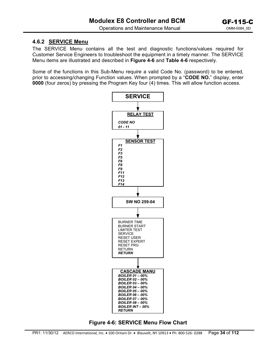 2 service menu, Gf-115-c, Modulex e8 controller and bcm | Service, Figure 4-6: service menu flow chart | AERCO Modulex E8 Controls Guide User Manual | Page 34 / 112