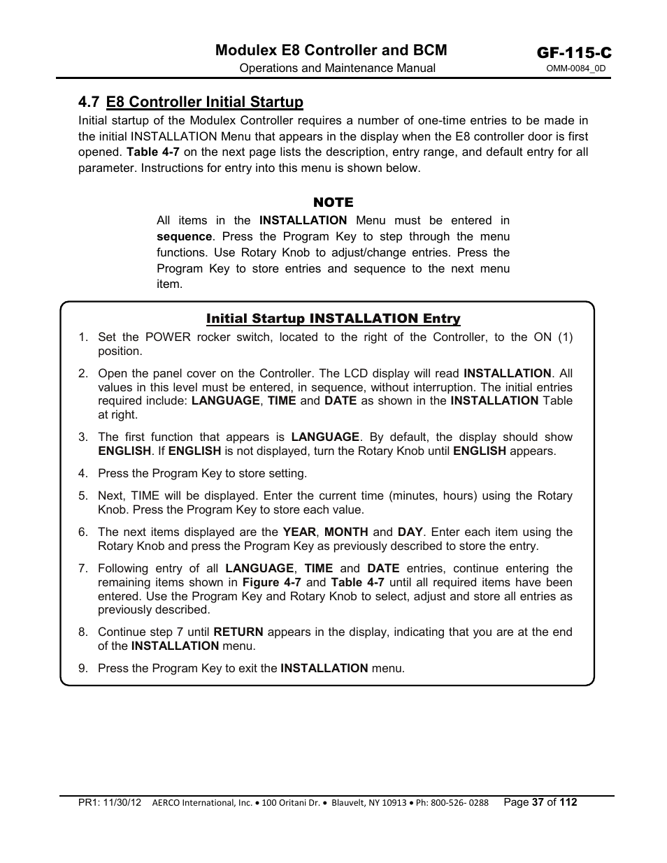 7 e8 controller initial startup, Gf-115-c, Modulex e8 controller and bcm | AERCO Modulex E8 Controls Guide User Manual | Page 37 / 112