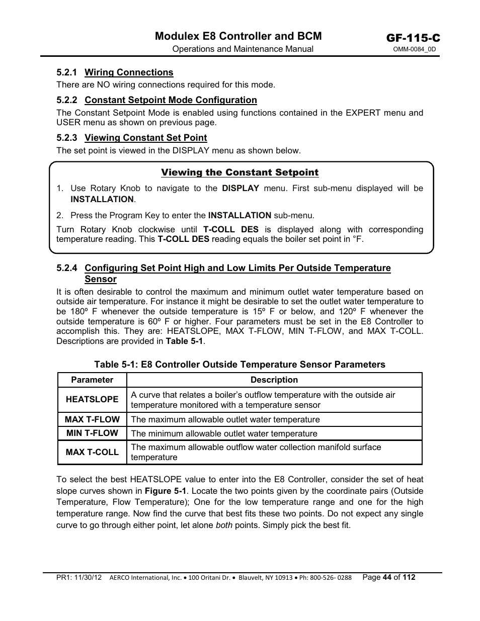 1 wiring connections, 2 constant setpoint mode configuration, 3 viewing constant set point | Gf-115-c, Modulex e8 controller and bcm | AERCO Modulex E8 Controls Guide User Manual | Page 44 / 112