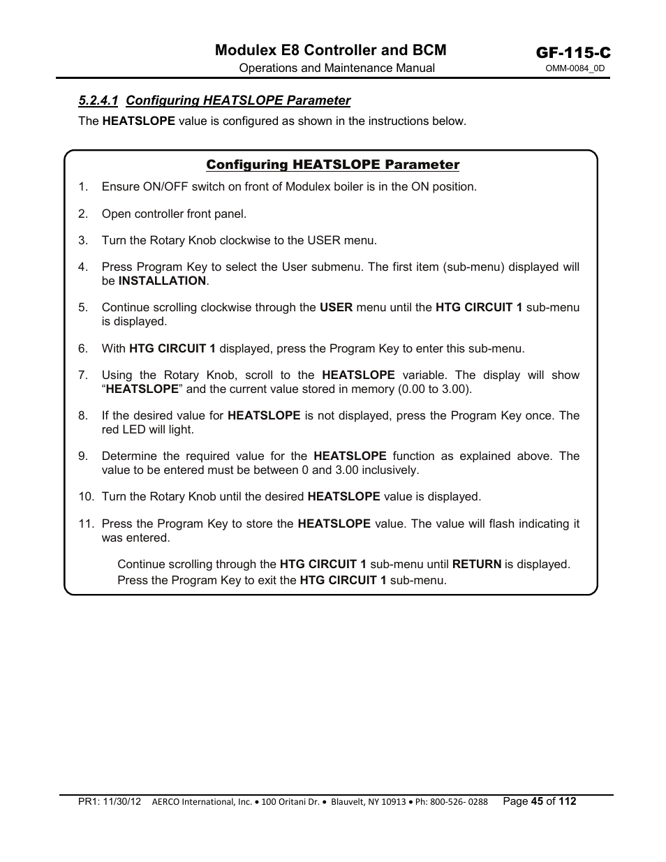1 configuring heatslope parameter, Gf-115-c, Modulex e8 controller and bcm | AERCO Modulex E8 Controls Guide User Manual | Page 45 / 112