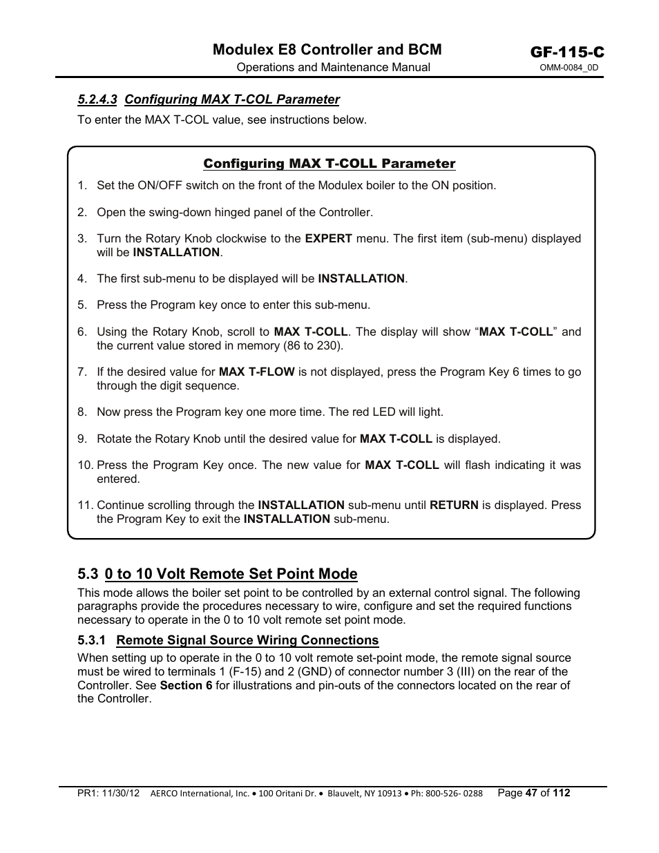 3 configuring max t-col parameter, 3 0 to 10 volt remote set point mode, 1 remote signal source wiring connections | Gf-115-c, Modulex e8 controller and bcm | AERCO Modulex E8 Controls Guide User Manual | Page 47 / 112