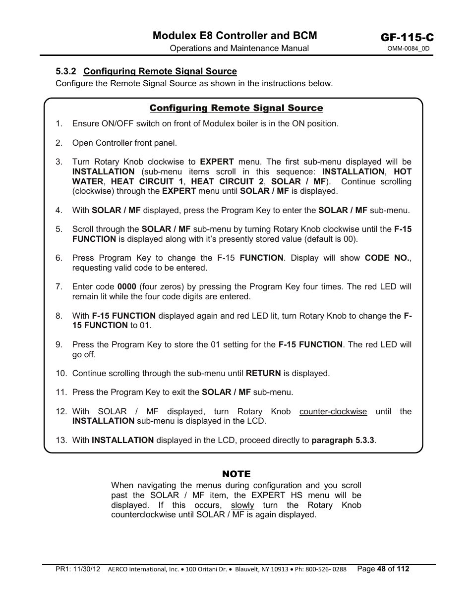 2 configuring remote signal source, Gf-115-c, Modulex e8 controller and bcm | AERCO Modulex E8 Controls Guide User Manual | Page 48 / 112