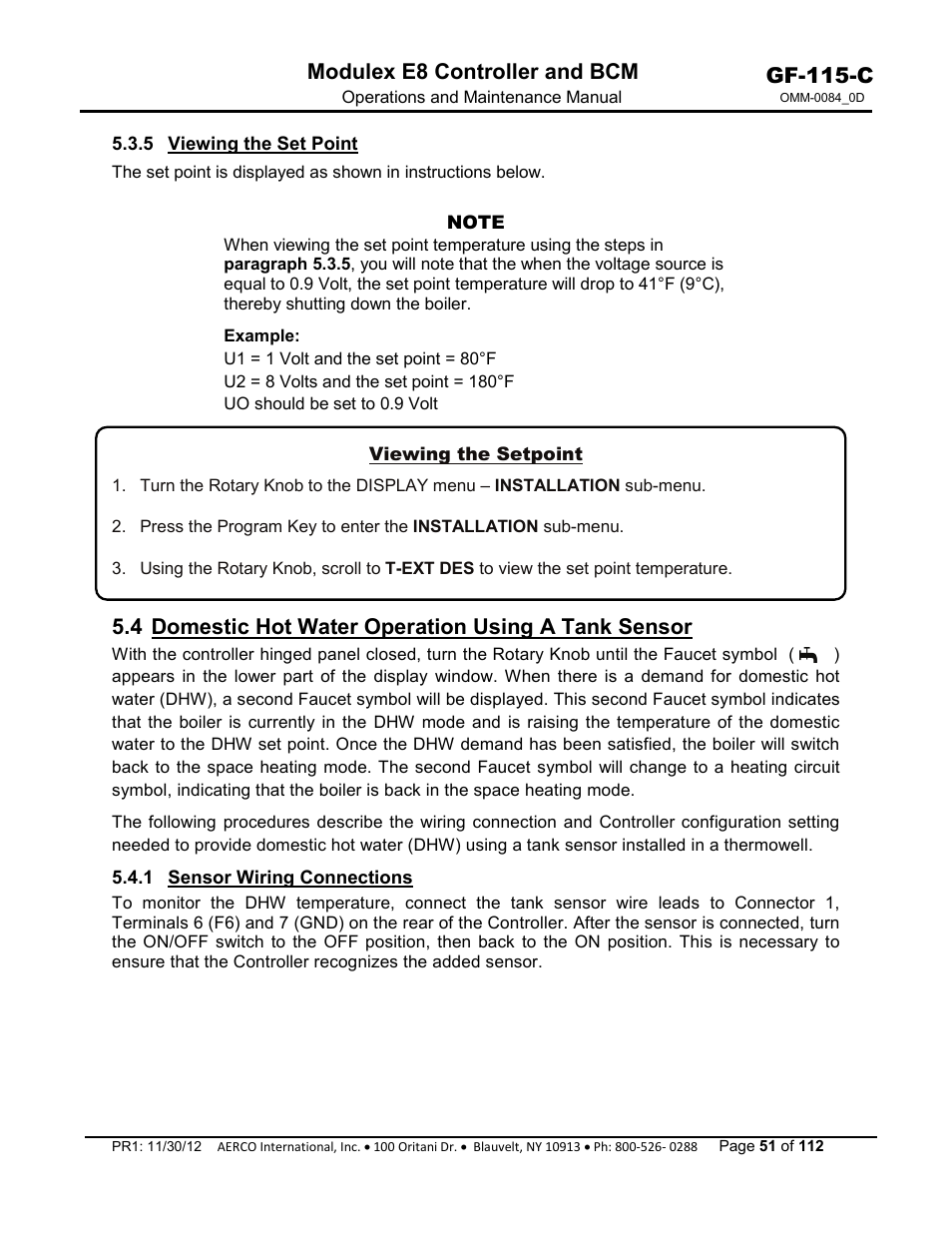 5 viewing the set point, 4 domestic hot water operation using a tank sensor, 1 sensor wiring connections | Gf-115-c, Modulex e8 controller and bcm | AERCO Modulex E8 Controls Guide User Manual | Page 51 / 112
