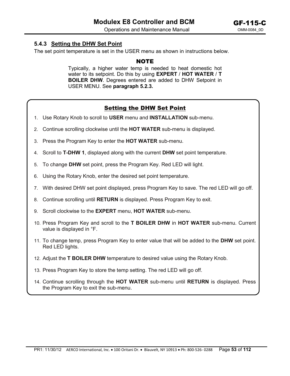 3 setting the dhw set point, Gf-115-c, Modulex e8 controller and bcm | AERCO Modulex E8 Controls Guide User Manual | Page 53 / 112