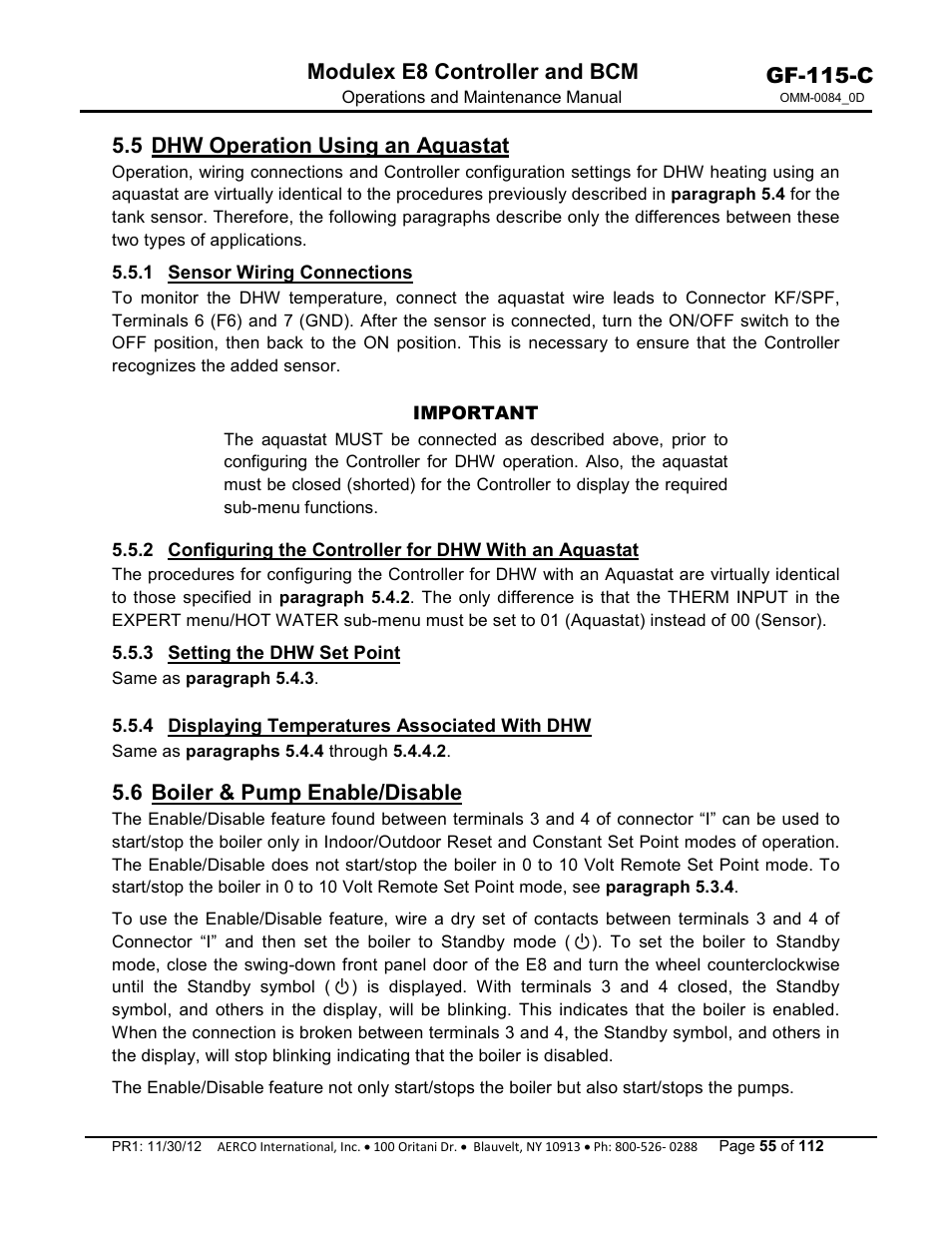 5 dhw operation using an aquastat, 1 sensor wiring connections, 3 setting the dhw set point | 4 displaying temperatures associated with dhw, 6 boiler & pump enable/disable, Gf-115-c, Modulex e8 controller and bcm | AERCO Modulex E8 Controls Guide User Manual | Page 55 / 112