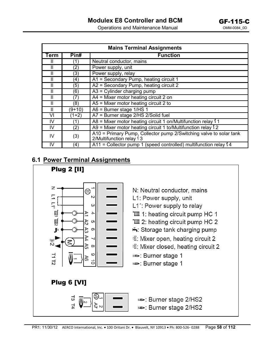 1 power terminal assignments, Gf-115-c, Modulex e8 controller and bcm | 1 power terminal assignments plug 2 [ii, Plug 6 [vi | AERCO Modulex E8 Controls Guide User Manual | Page 58 / 112
