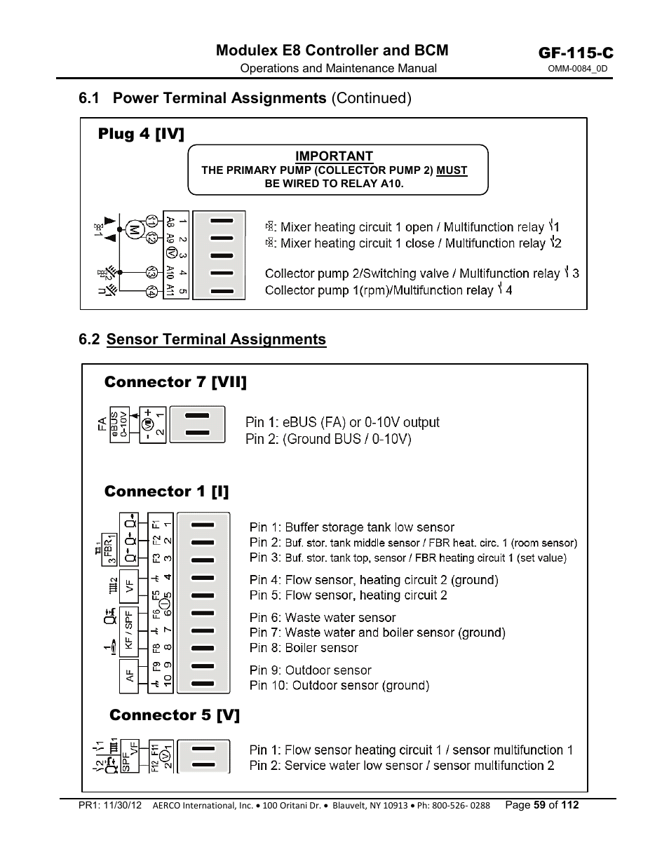 2 sensor terminal assignments, Gf-115-c, Modulex e8 controller and bcm | 1 power terminal assignments (continued), Plug 4 [iv, 2 sensor terminal assignments connector 7 [vii, Connector 1 [i, Connector 5 [v | AERCO Modulex E8 Controls Guide User Manual | Page 59 / 112