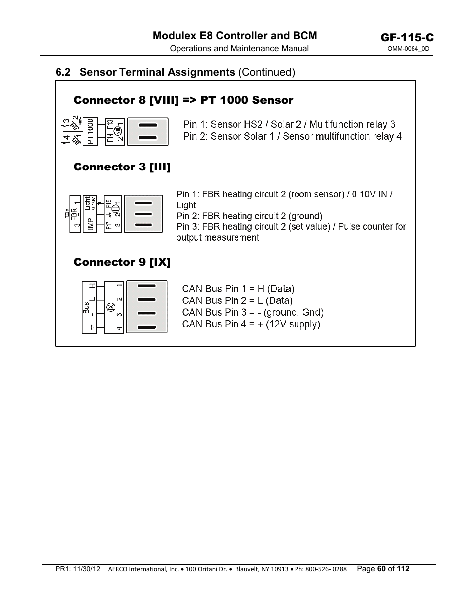 2 sensor terminal assignments (continued), Gf-115-c, Modulex e8 controller and bcm | Connector 3 [iii, Connector 9 [ix | AERCO Modulex E8 Controls Guide User Manual | Page 60 / 112