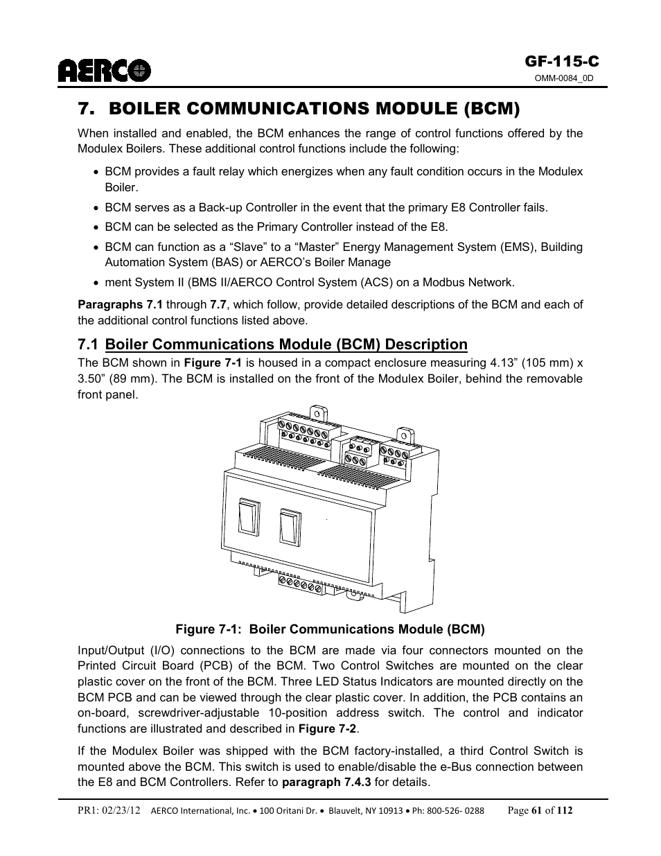 Boiler communications module (bcm), 1 boiler communications module (bcm) description, Gf-115-c | AERCO Modulex E8 Controls Guide User Manual | Page 61 / 112