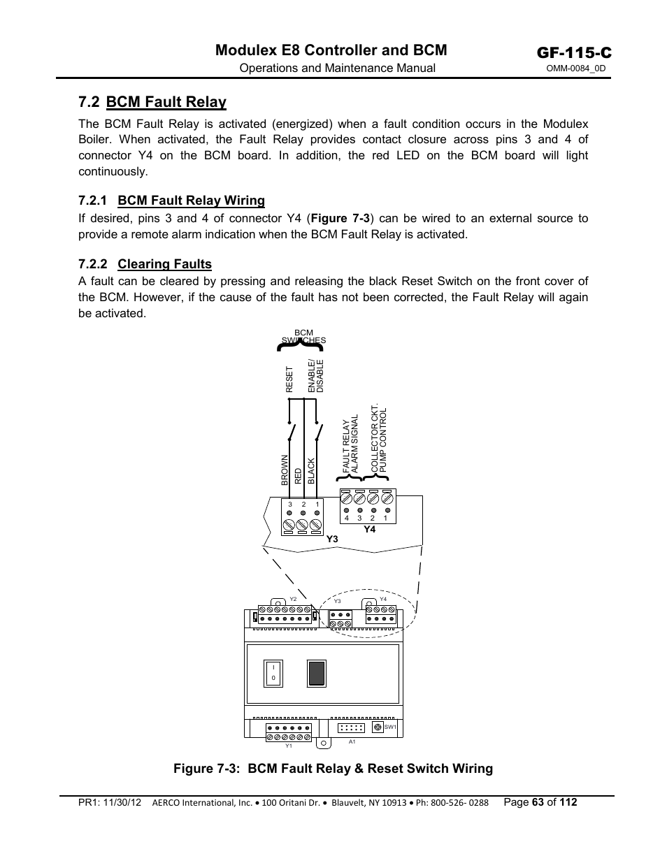 2 bcm fault relay, 1 bcm fault relay wiring, 2 clearing faults | Gf-115-c, Modulex e8 controller and bcm | AERCO Modulex E8 Controls Guide User Manual | Page 63 / 112