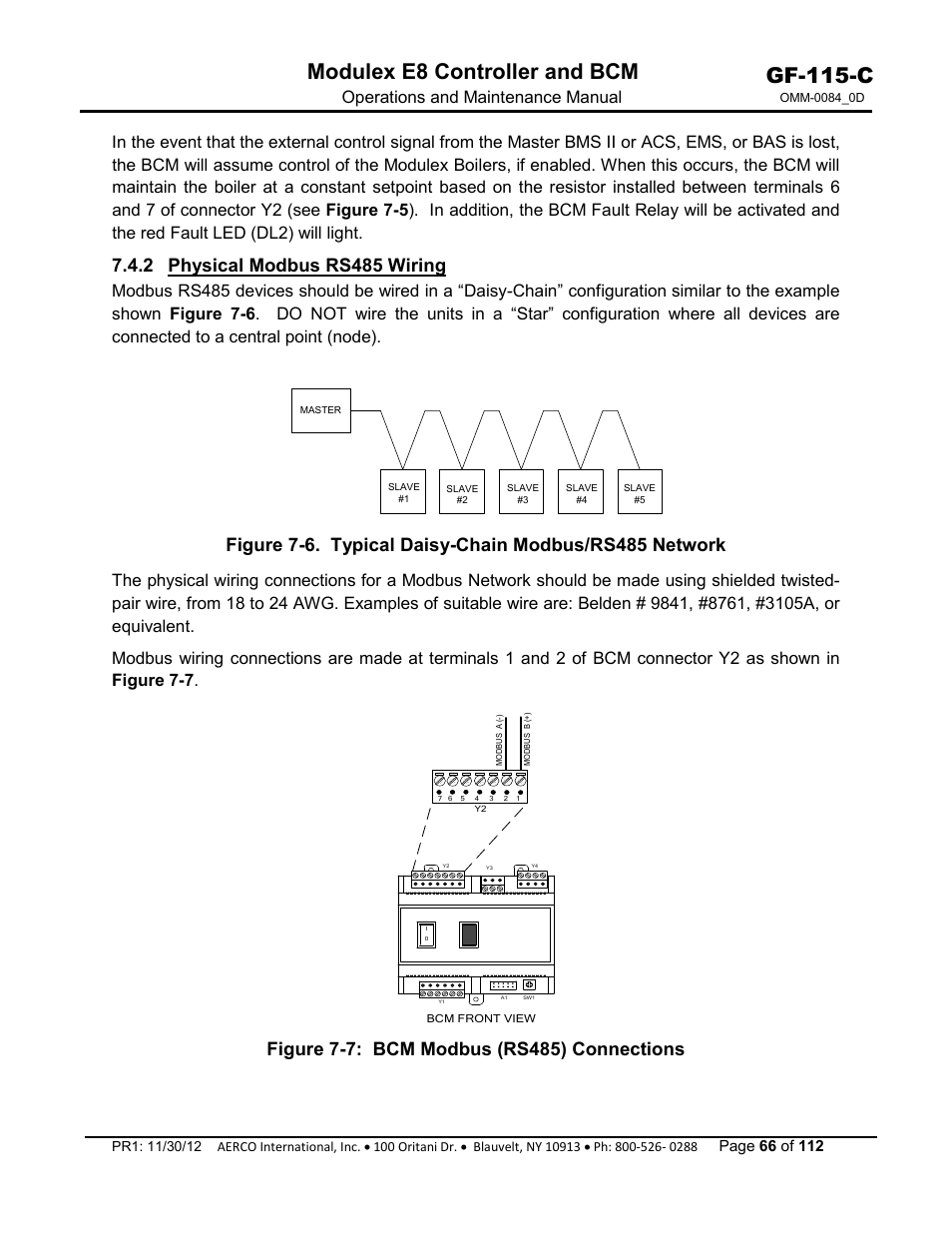 2 physical modbus rs485 wiring, Gf-115-c, Modulex e8 controller and bcm | Operations and maintenance manual | AERCO Modulex E8 Controls Guide User Manual | Page 66 / 112