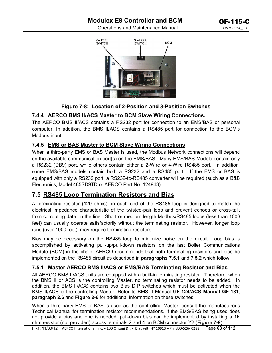 5 rs485 loop termination resistors and bias, Gf-115-c, Modulex e8 controller and bcm | AERCO Modulex E8 Controls Guide User Manual | Page 68 / 112