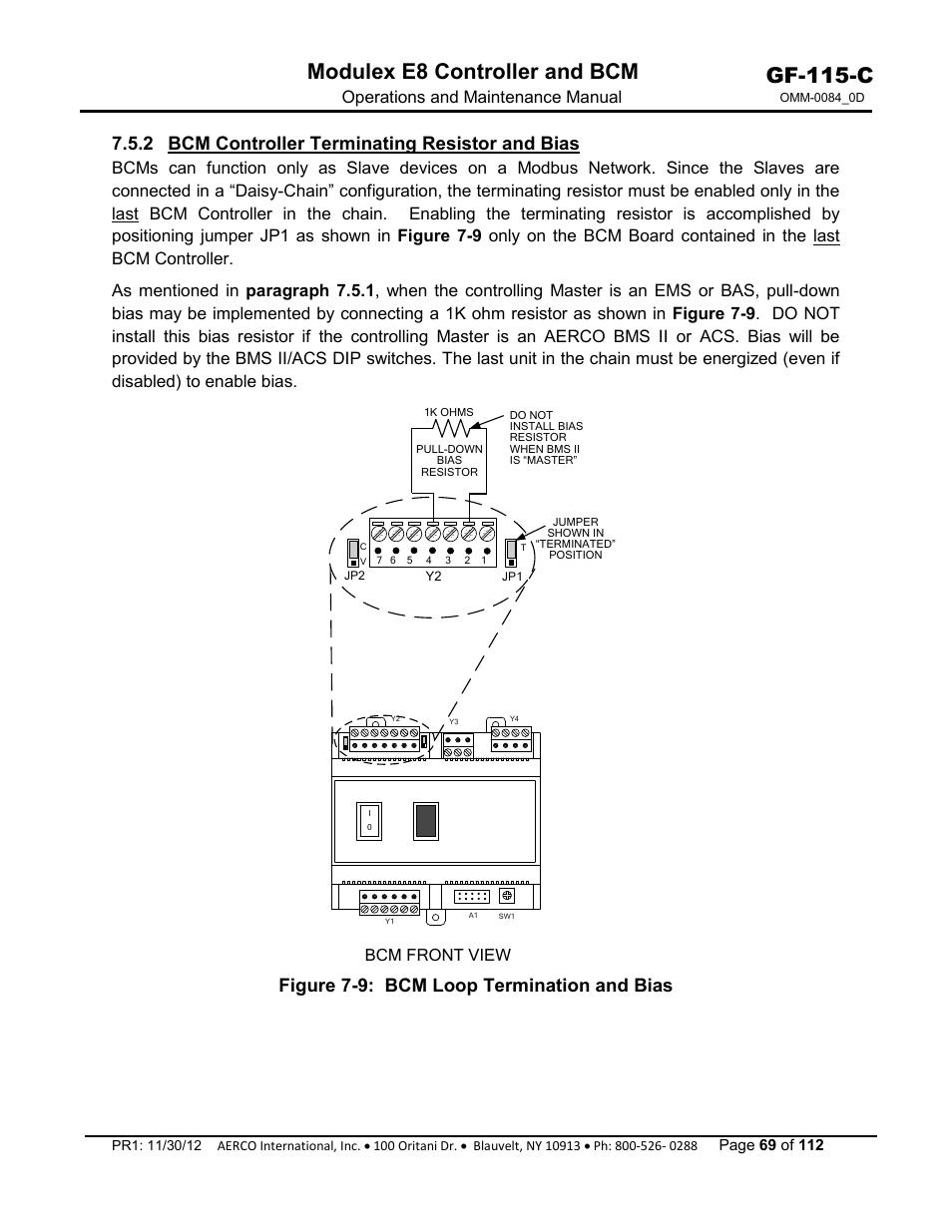 2 bcm controller terminating resistor and bias, Gf-115-c, Modulex e8 controller and bcm | Figure 7-9: bcm loop termination and bias | AERCO Modulex E8 Controls Guide User Manual | Page 69 / 112