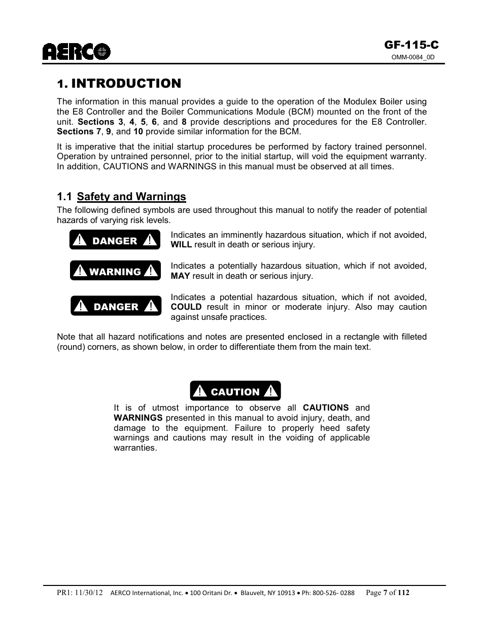 Introduction, 1 safety and warnings | AERCO Modulex E8 Controls Guide User Manual | Page 7 / 112