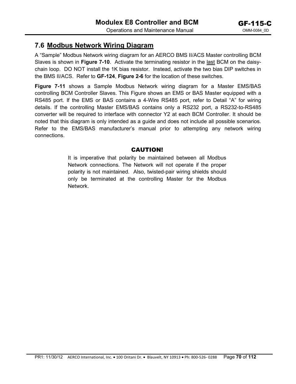 6 modbus network wiring diagram, Gf-115-c, Modulex e8 controller and bcm | AERCO Modulex E8 Controls Guide User Manual | Page 70 / 112
